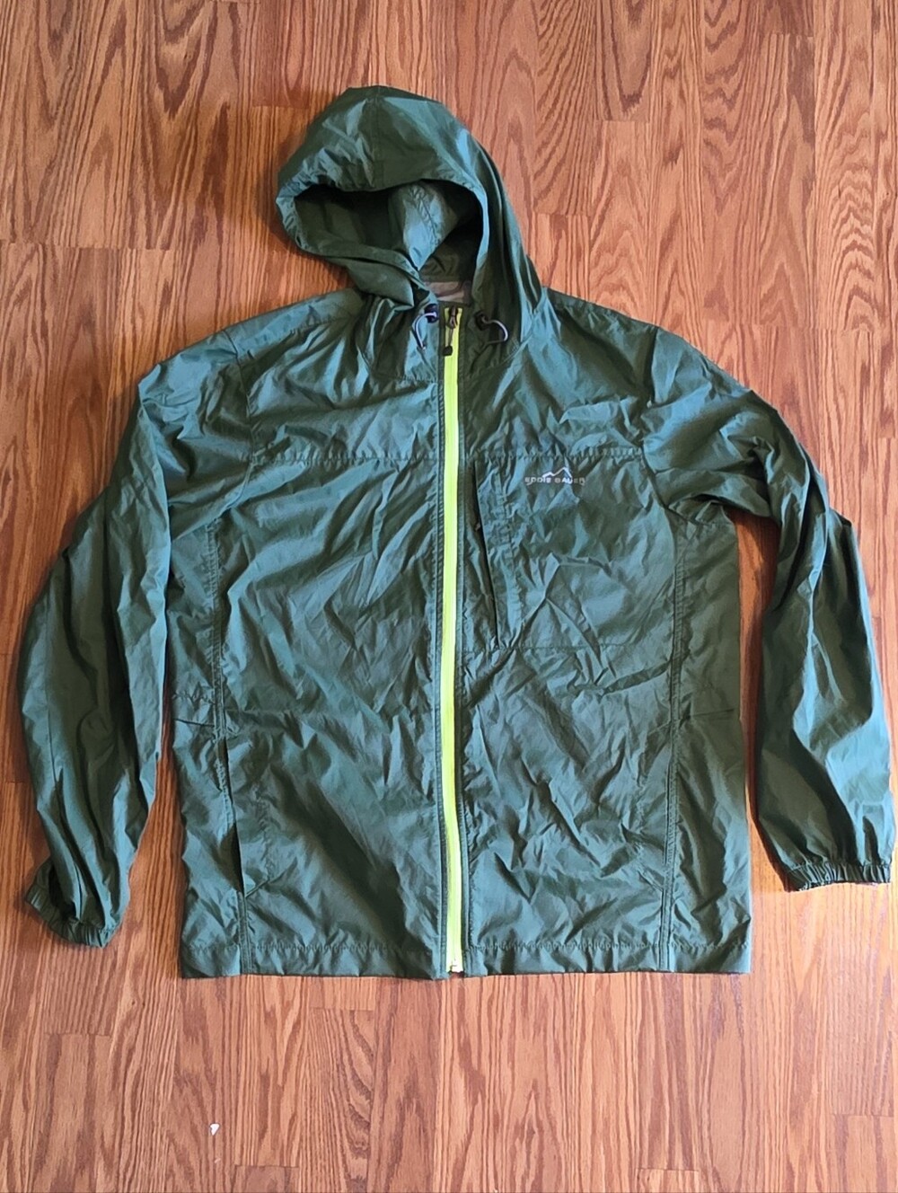 Eddie Bauer, Men's Green Hooded Windbreaker with Lime Zipper Accent